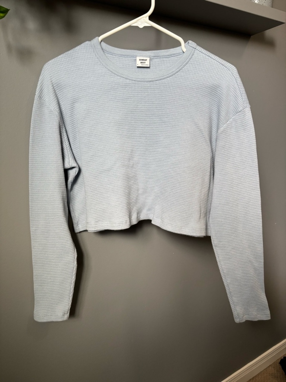 Aritzia SUNDAY BEST Light Blue Waffle Knit Cropped Long-Sleeve Top
